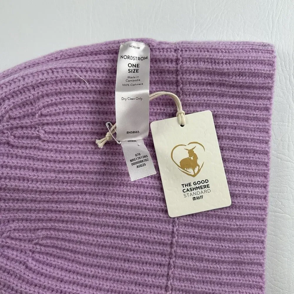 100% Cashmere Violet Ribbed Knit Beanie Cuffed Winter Hat Women’s